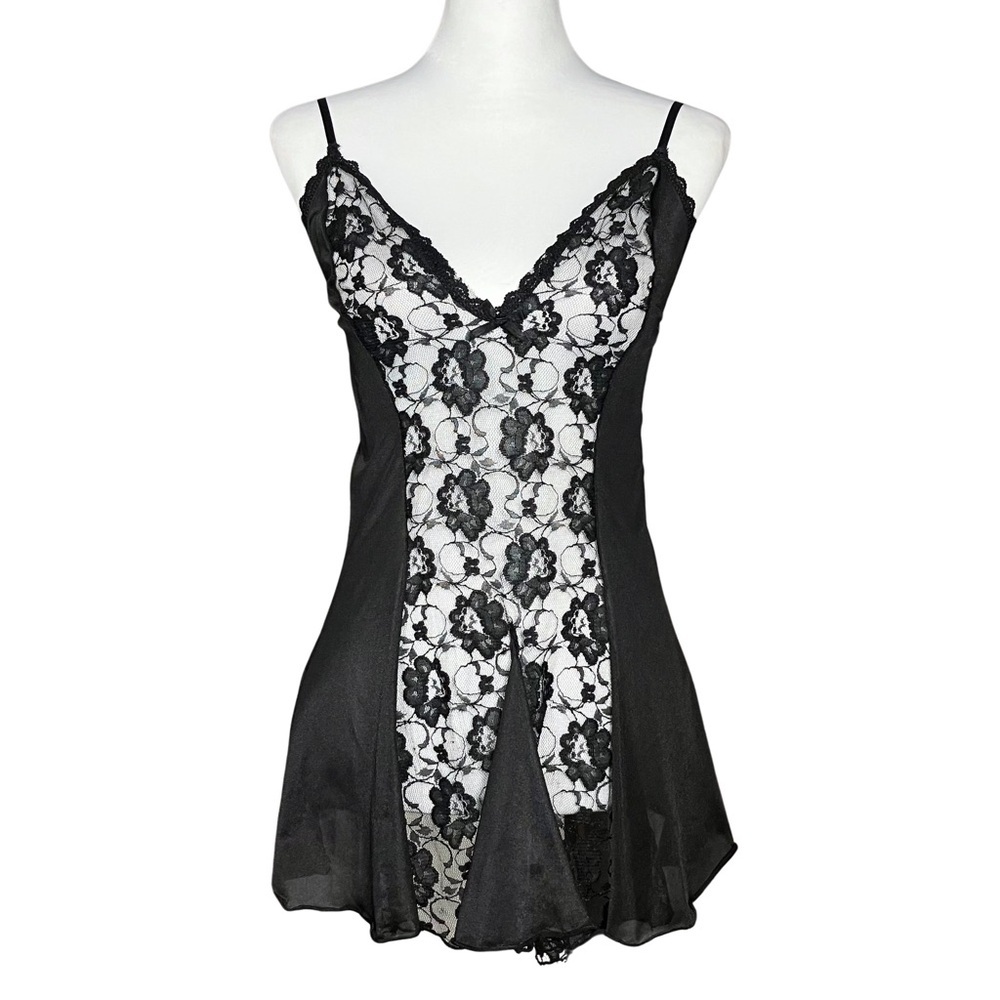80s 90s Vintage Black Faux Teddy Sheer Lace Slip Dress. Small. Gothic Whimsigoth